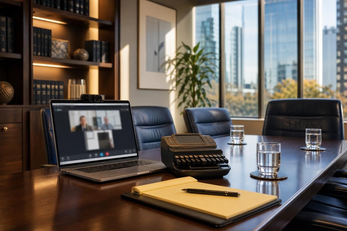 A conference room prepared for a remote deposition, laptop open beside a stenotype machine on a polished wood table