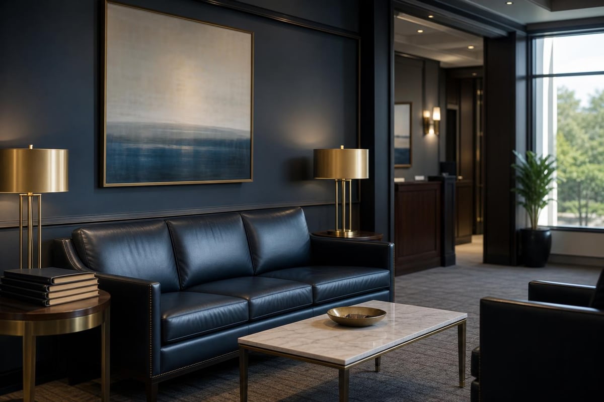 A quiet, professional reception and waiting area in a modern legal services office with navy leather seating and warm brass lighting