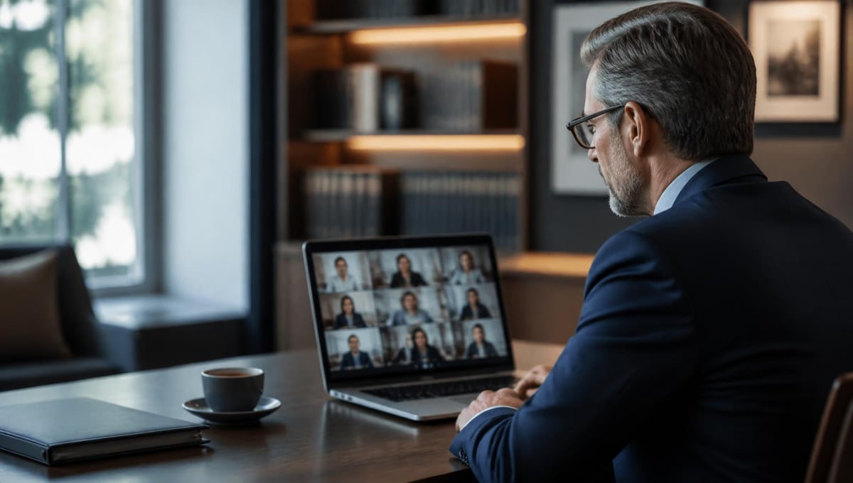 Remote video deposition setup with laptop, headset, and legal documents