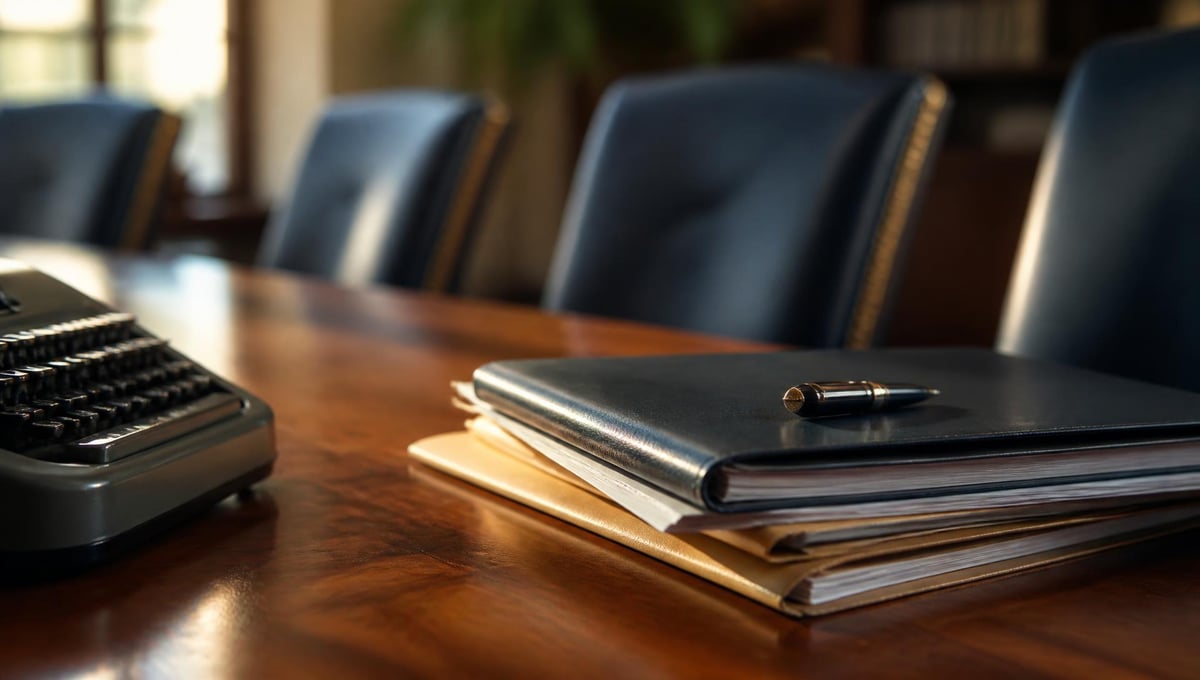 Close-up of legal document folders, a pen, and a stenotype machine's edge on a polished wood conference table