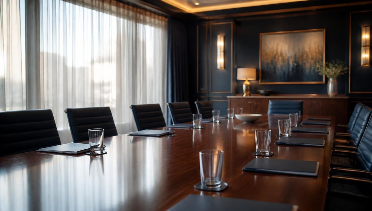 Upscale conference room prepared for a deposition, navy leather chairs set around a polished wood table