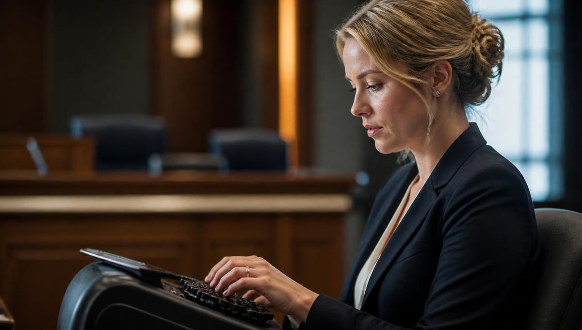 Certified court reporter at a stenotype machine during a legal proceeding