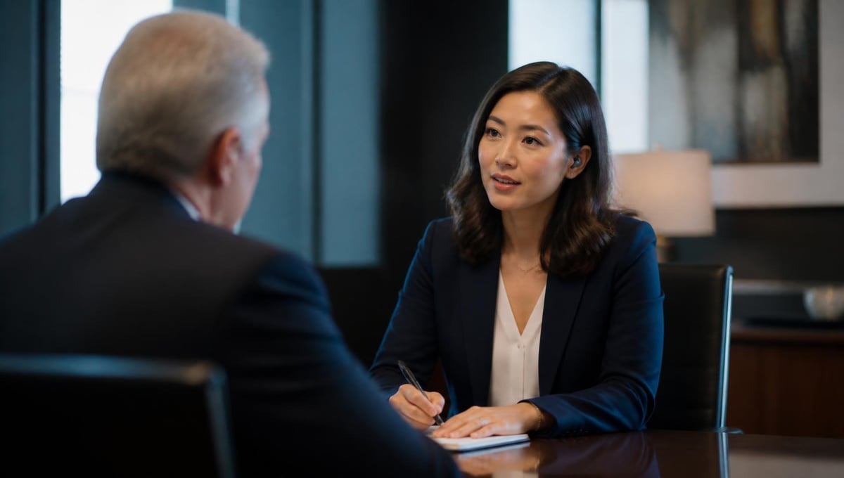 Interpreter and attorney seated at a deposition conference table