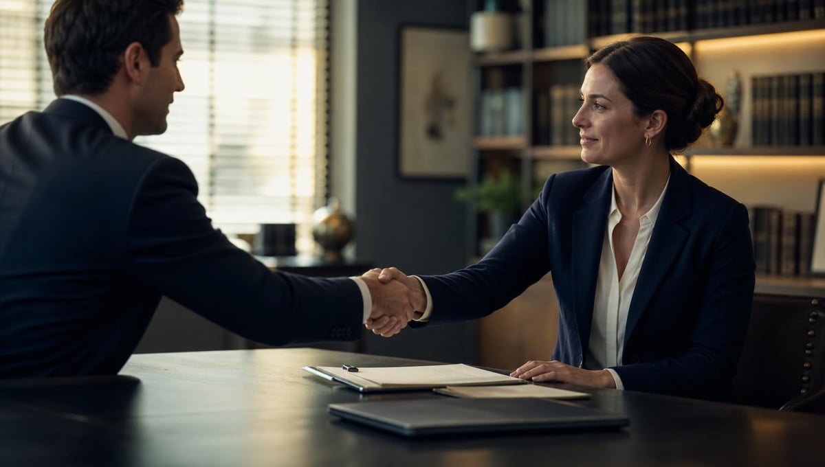 Two professionals in business attire shaking hands across a conference table after a signed agreement