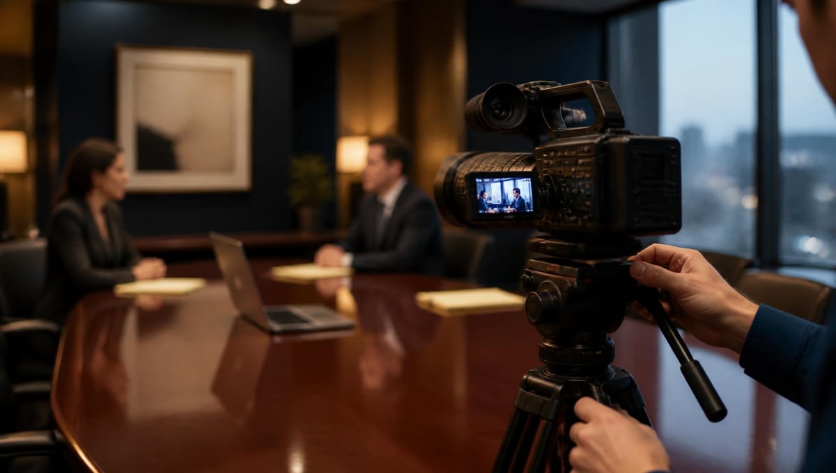 Professional video camera on tripod in a deposition conference room